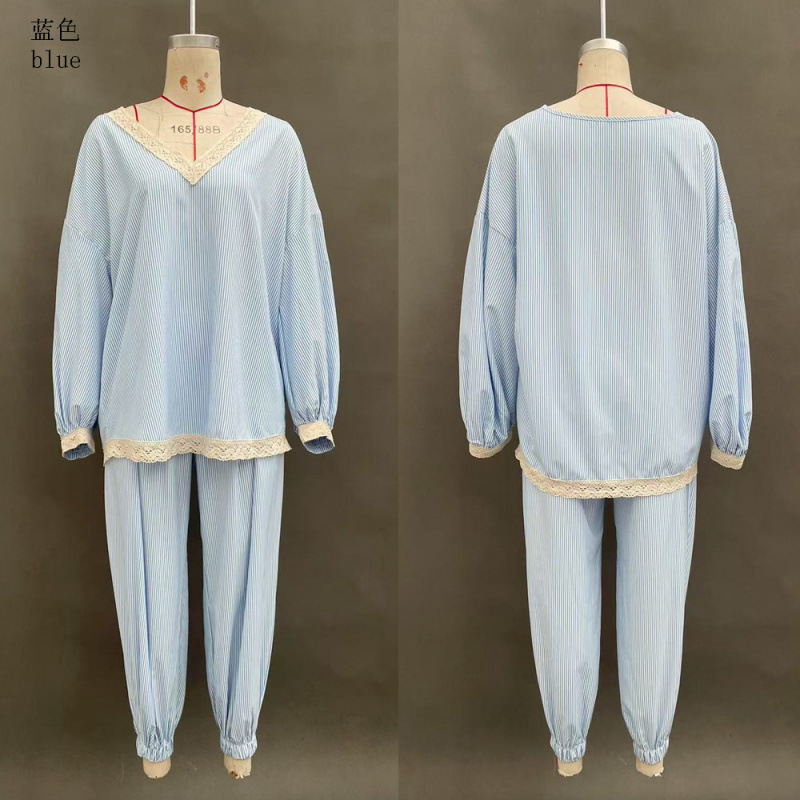Blue & White Striped Lace Trim Loose Two-Piece Set with Long Sleeve Top and Wide-Leg Pants
