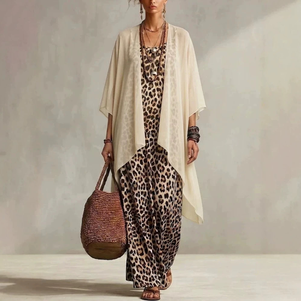 Leopard Print Cami Maxi Dress with Chiffon Cardigan Two-Piece Set
