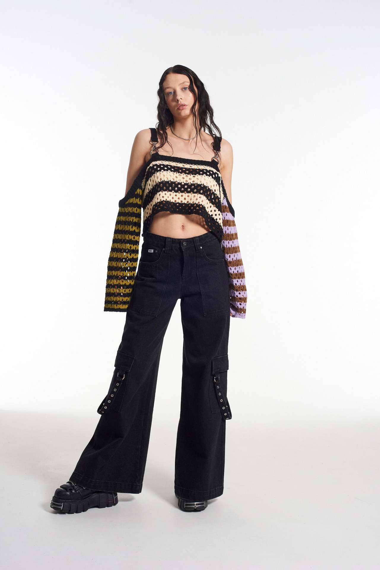 Off-Shoulder Striped Colorblock Cutout Crop Knit Cami Top