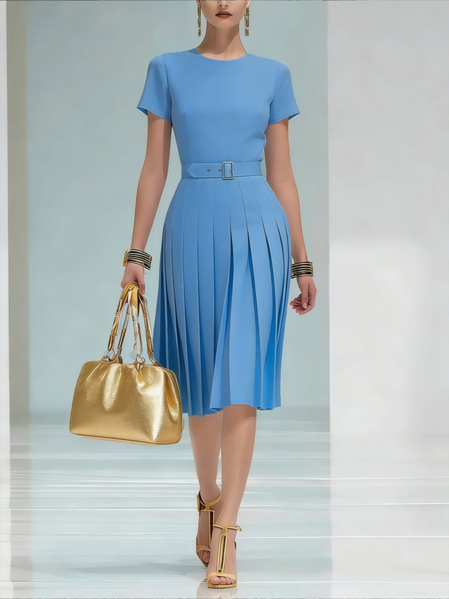 Women's Pleated Round Neck Midi Dress with Belt Solid Color