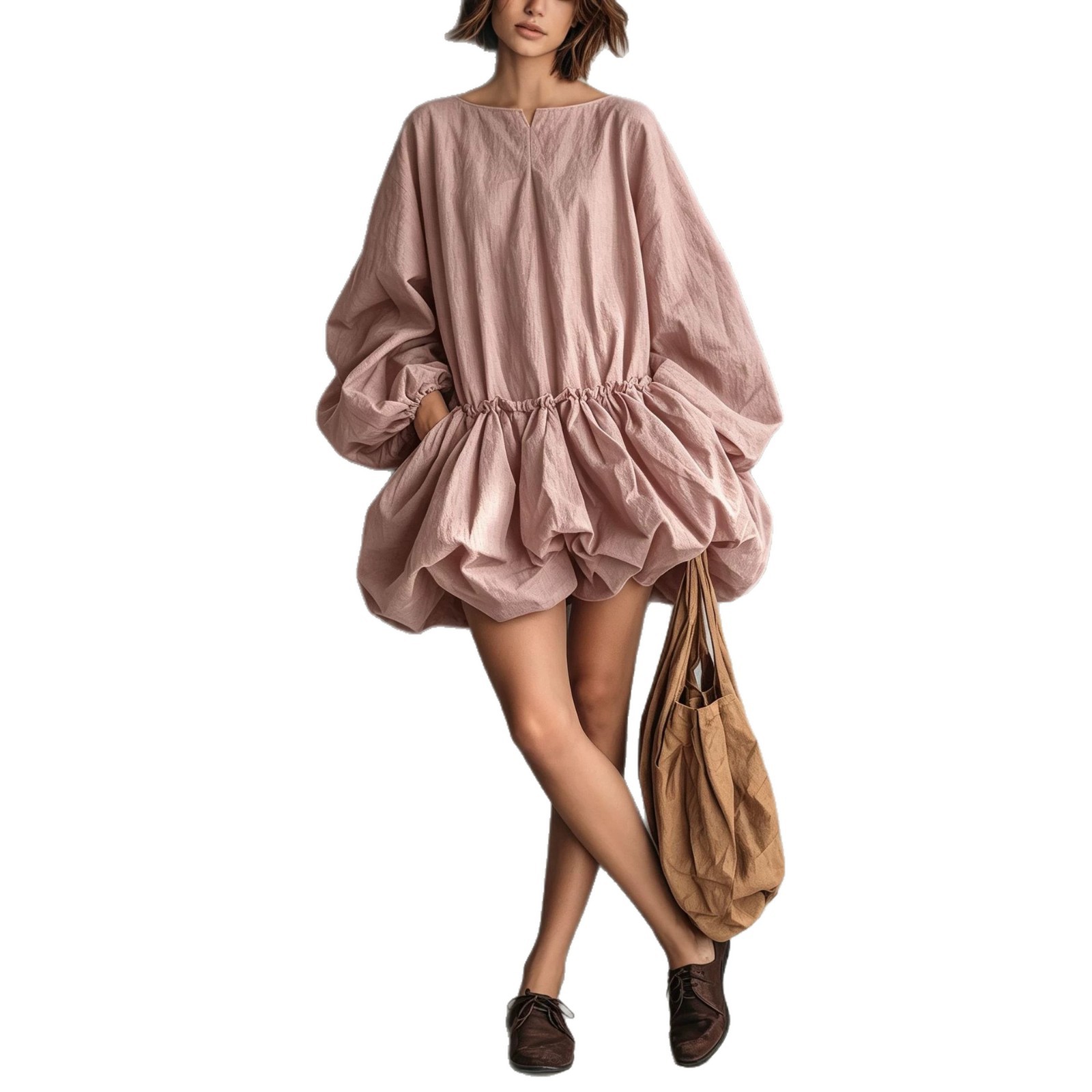 Solid Crewneck Puff Sleeve Long Sleeve Cinched Waist Bubble Dress