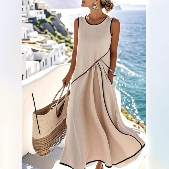 Women's Sleeveless Crew Neck Colorblock Knit Maxi Dress