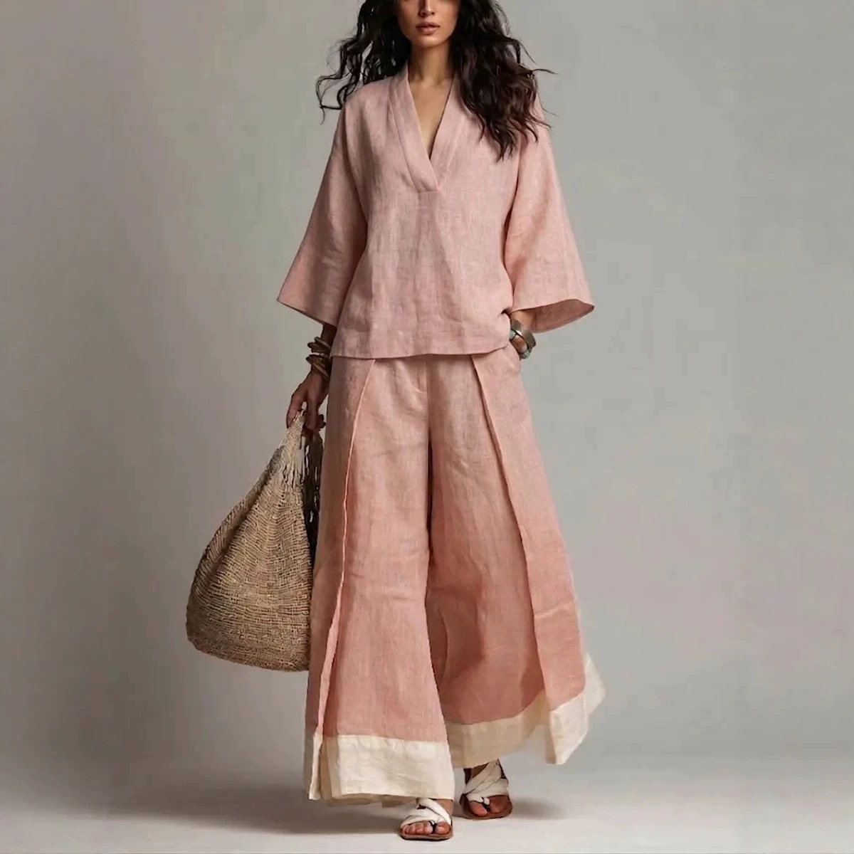 Women's Cotton-Linen French V-Neck 3/4 Sleeve Shirt & Colorblock Wide-Leg Pants Set