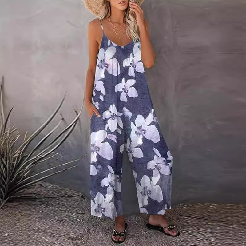 Women's Printed Sleeveless Wide-Leg Jumpsuit with Pockets