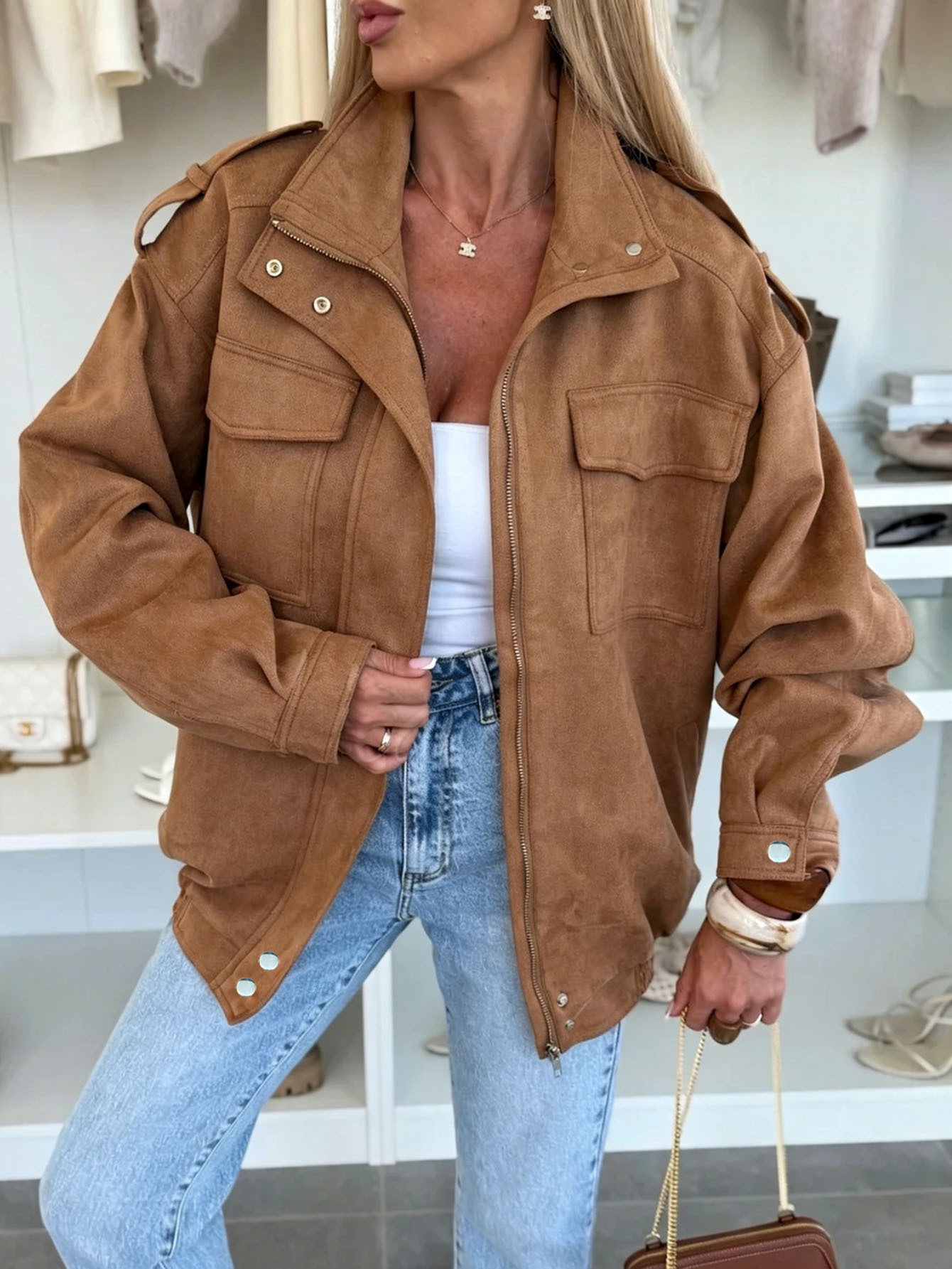 Women's Retro Lapel Collar Long Sleeve Zip-Up Jacket Solid Color Warm Short Coat