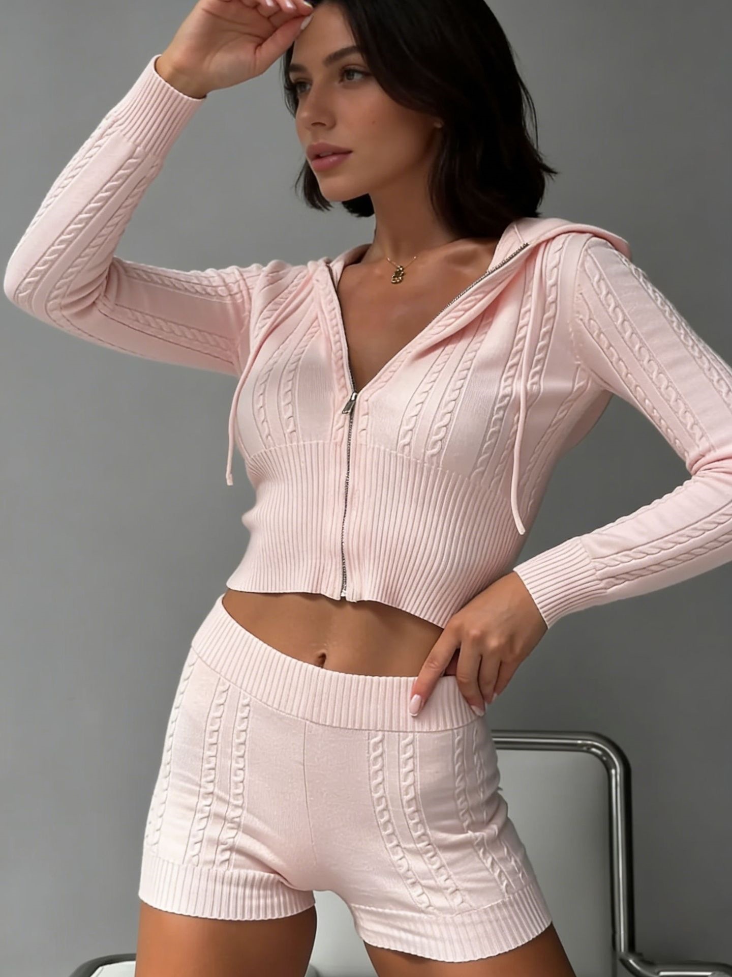 Cable-Knit Hooded Zip Cardigan & High-Waist Shorts Set