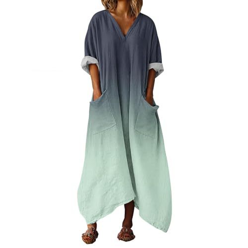 Women's Colorful Gradient A-Line Midi Dress with Deep V-Neck and Long Sleeves