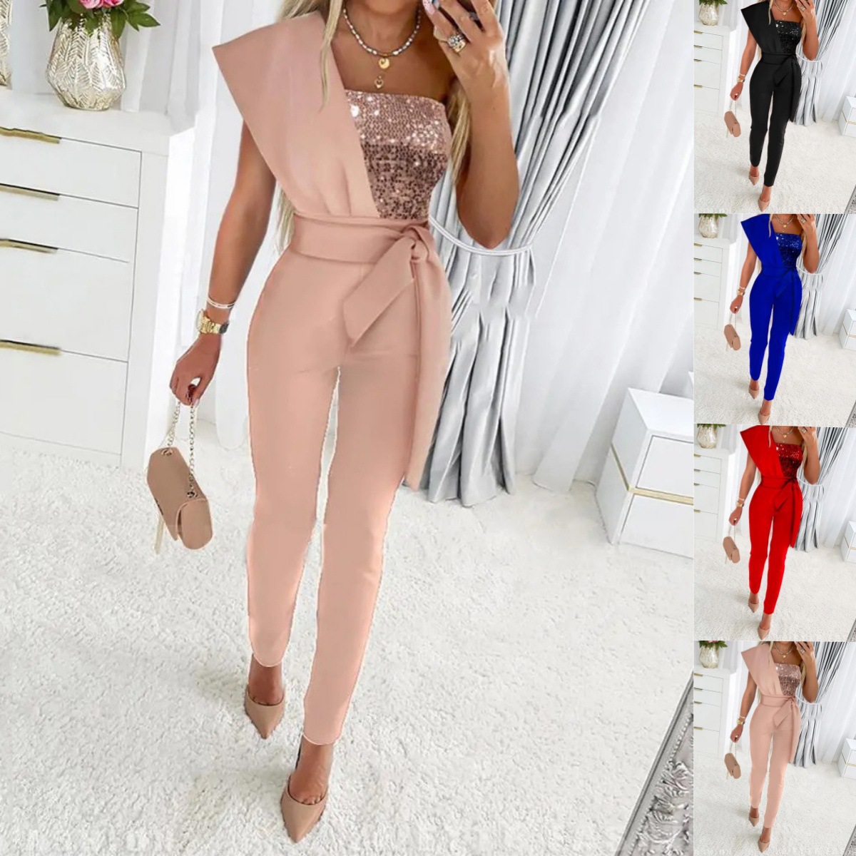 Printed Sleeveless Jumpsuit with Belt and Sequin Detail