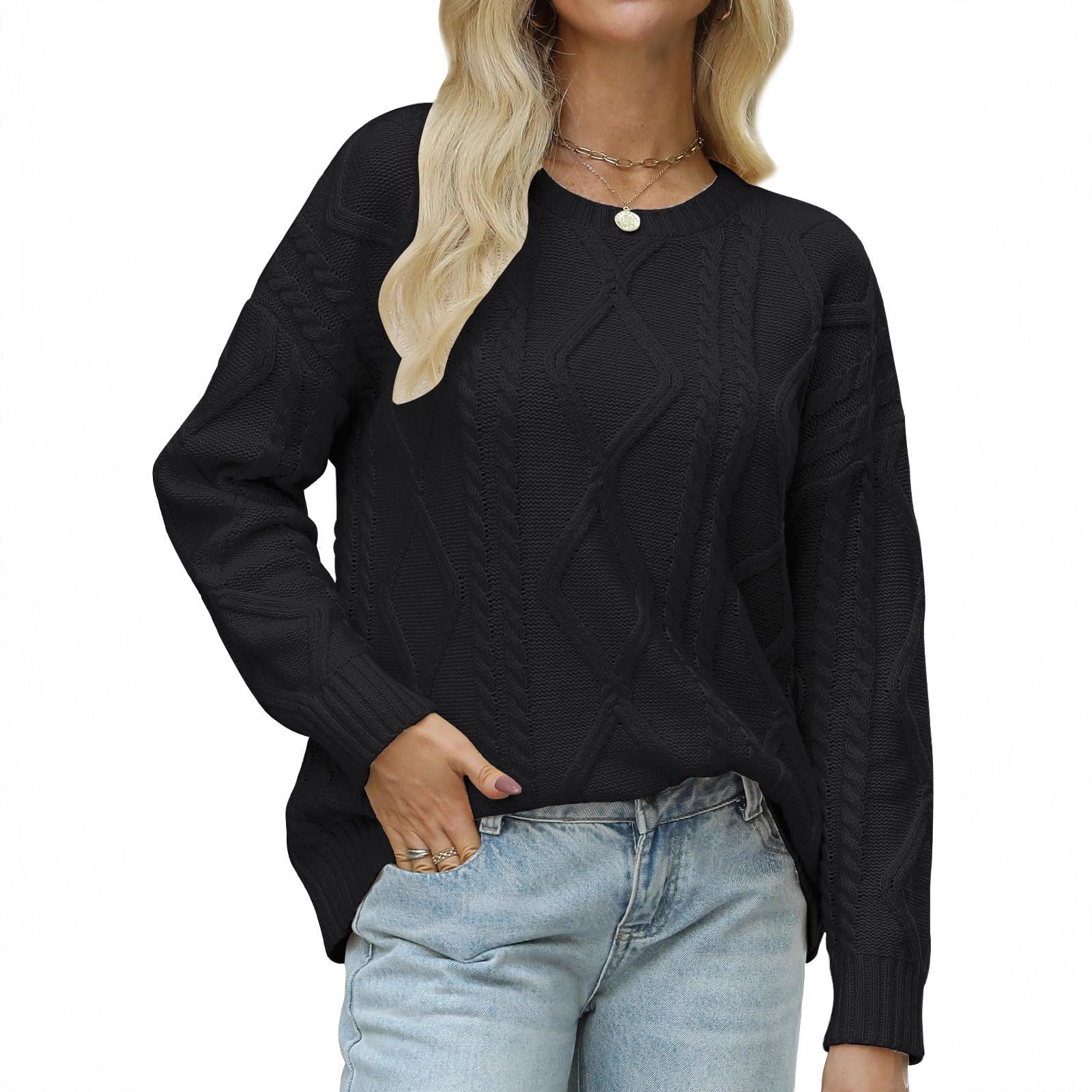 Women's Cable Knit Crewneck Loose Vintage Sweater