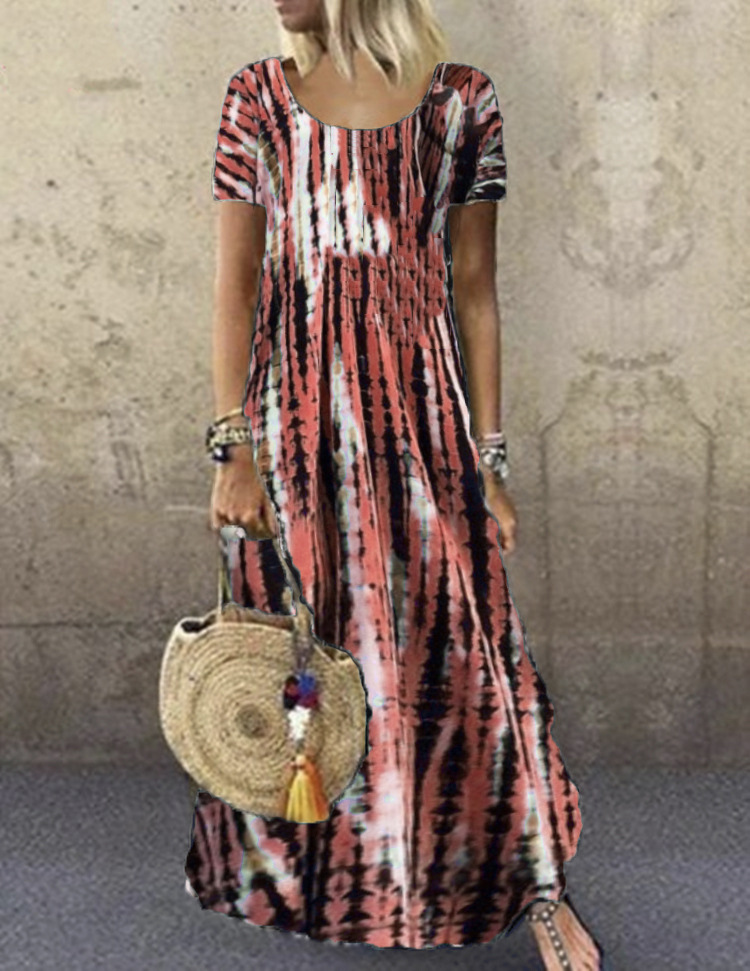 Tie-Dye Print Short Sleeve Round Neck Maxi Dress Plus Size Casual