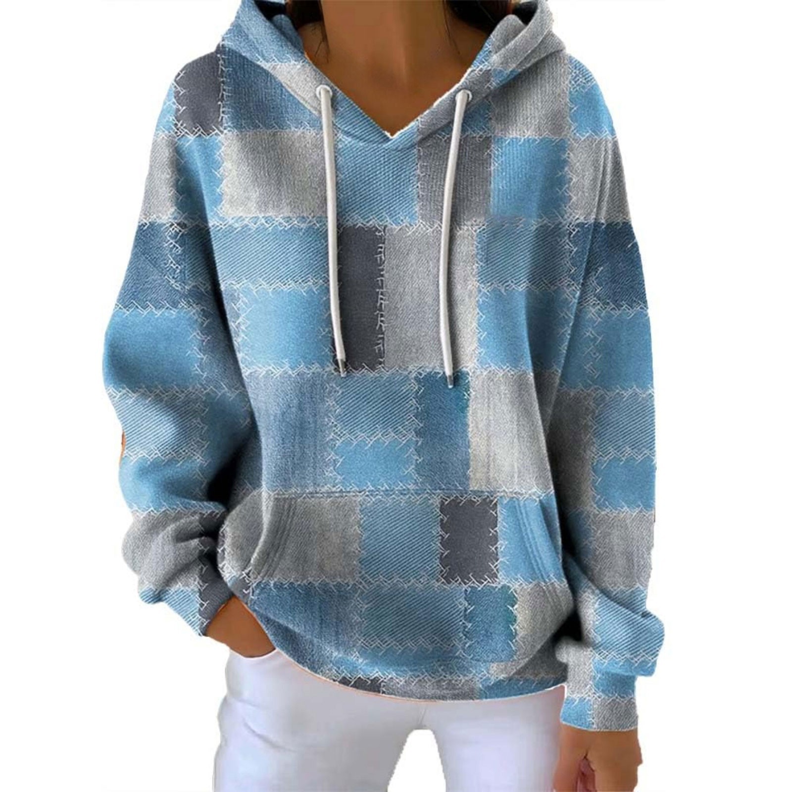 Women's Cross Print Ribbed Plaid Hooded Sweatshirt