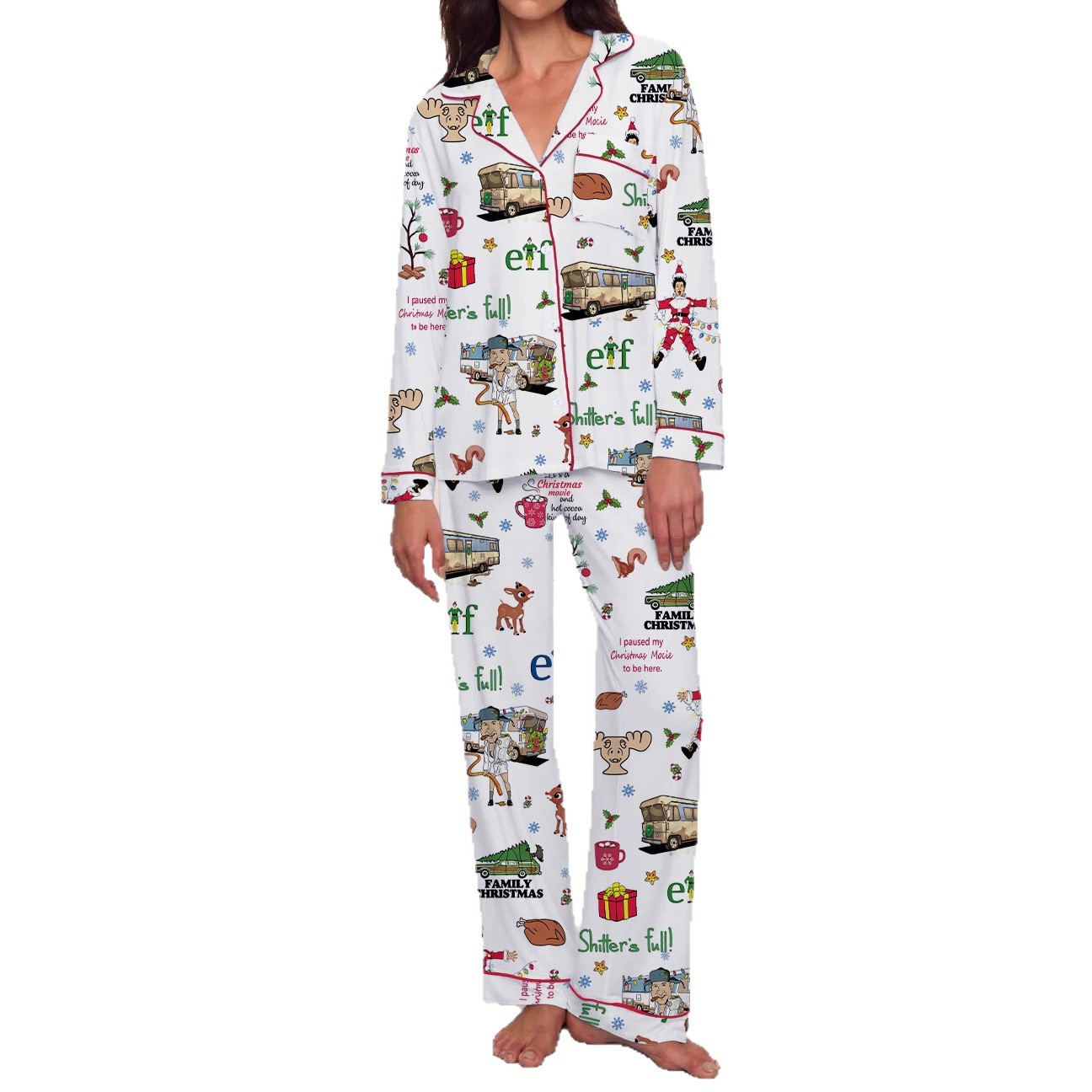 Women's Cuban Collar Tree Ribbon Bus Print Long Sleeve Shirt Set