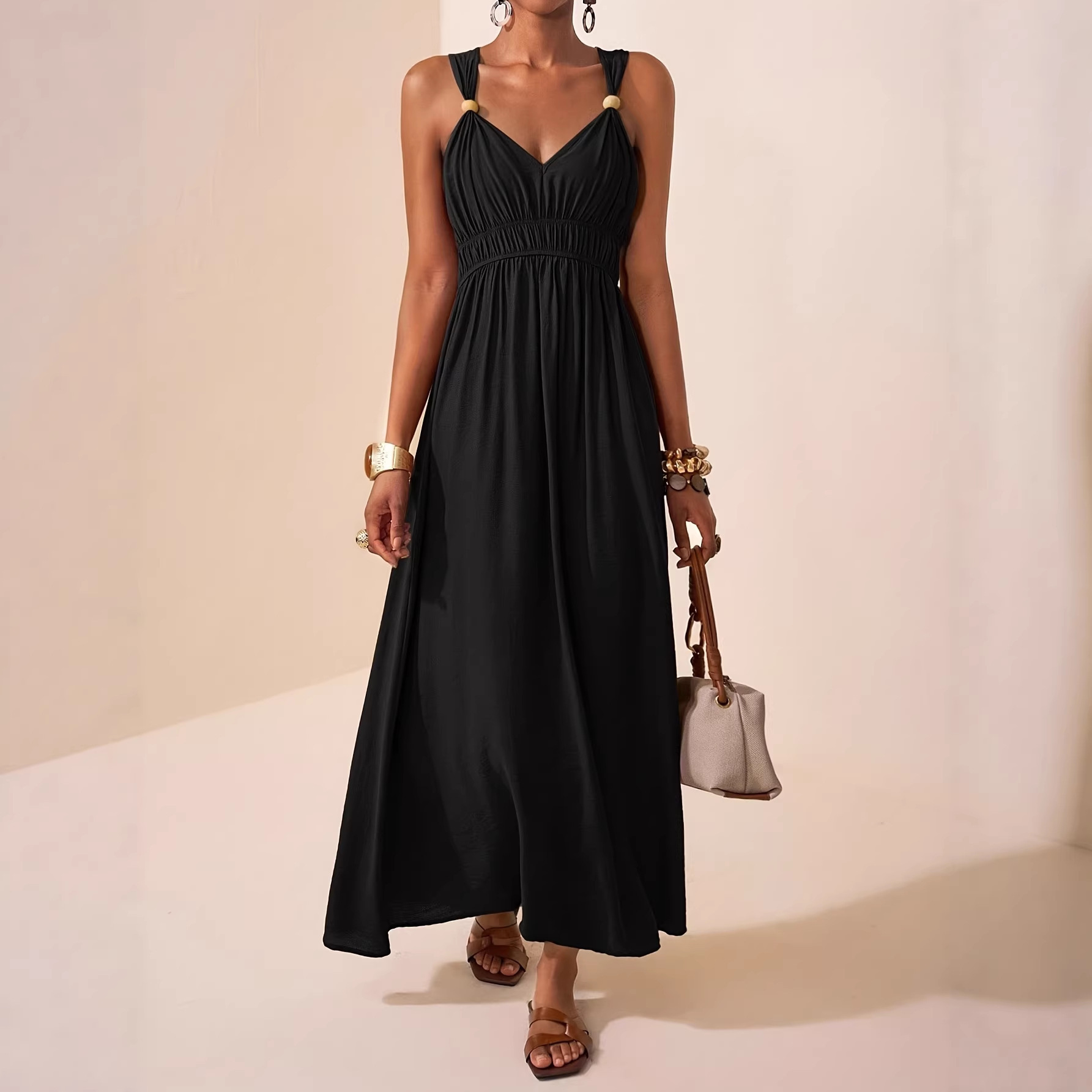 Women's Sleeveless Deep V-Neck A-Line Maxi Dress