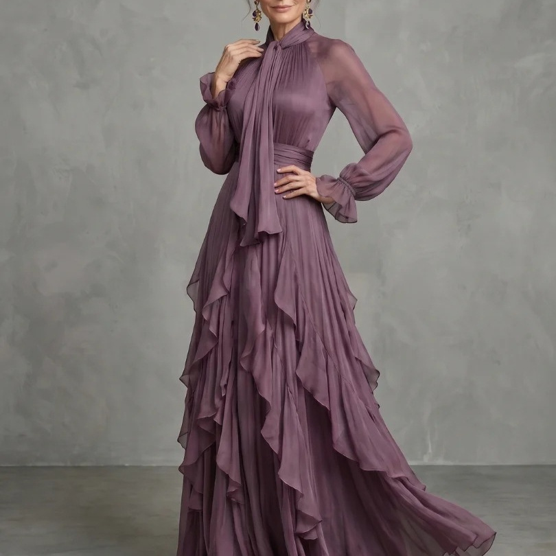 Purple Ruffle Long Sleeve Bodycon Dress