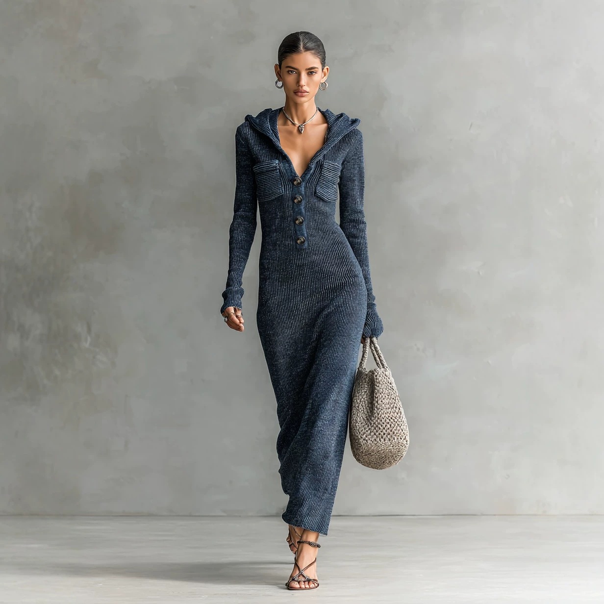 Slim-Fit Half-Open Collar Hooded Knit Sweater Dress