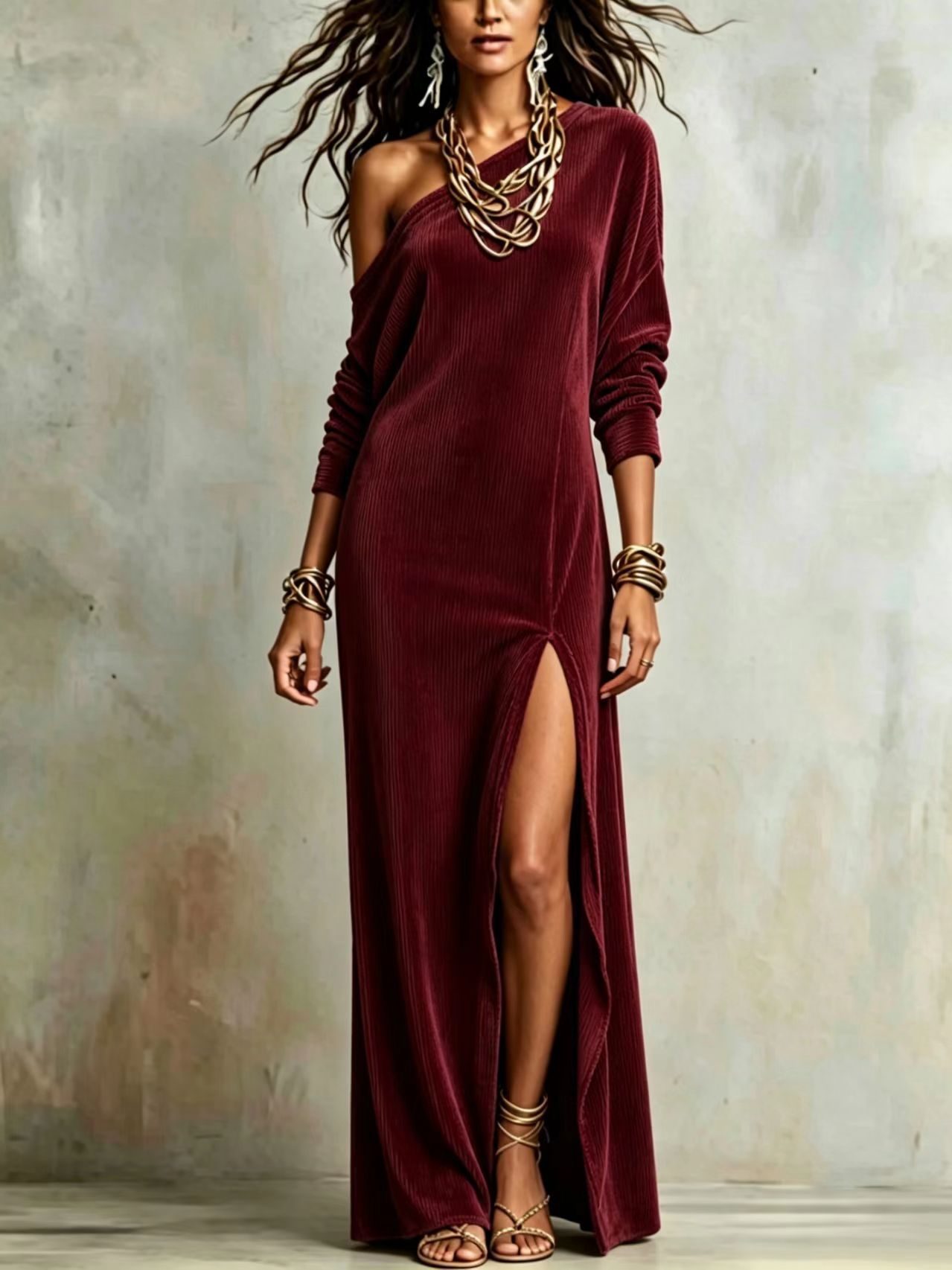 Women's One-Shoulder Corduroy Dress with Side Slit