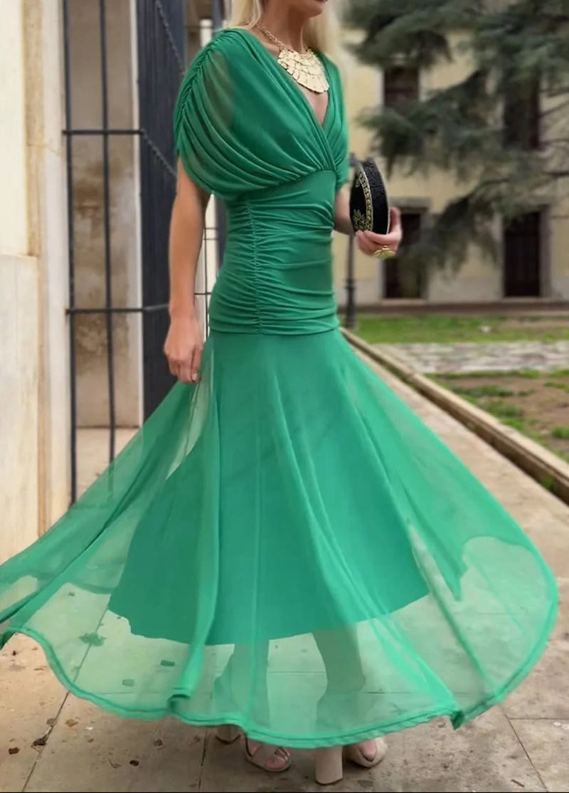 Elegant Solid Deep V-Neck Waist-Cinched Mesh Dress