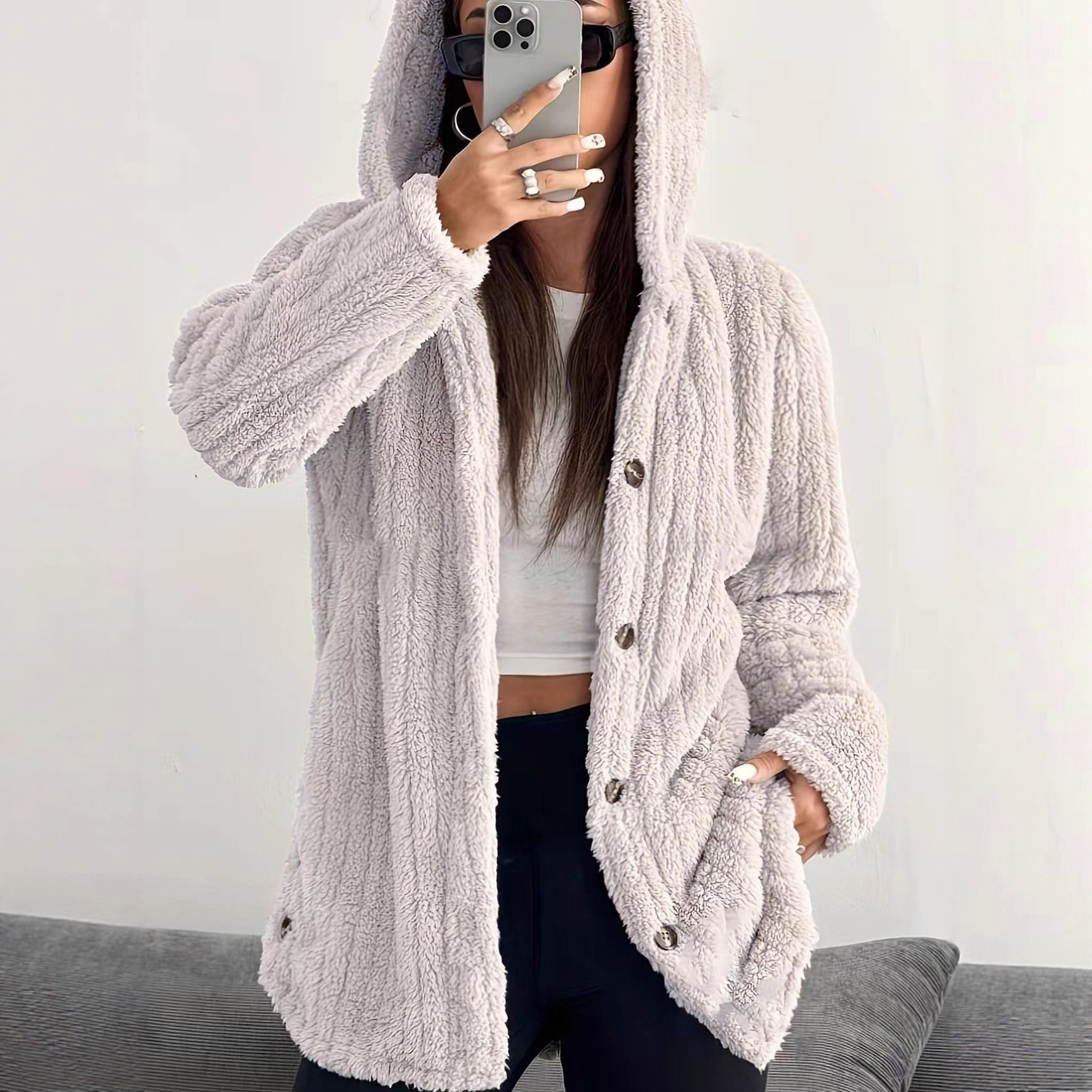 Striped Hooded Button Cardigan Plush Coat Loose Warm