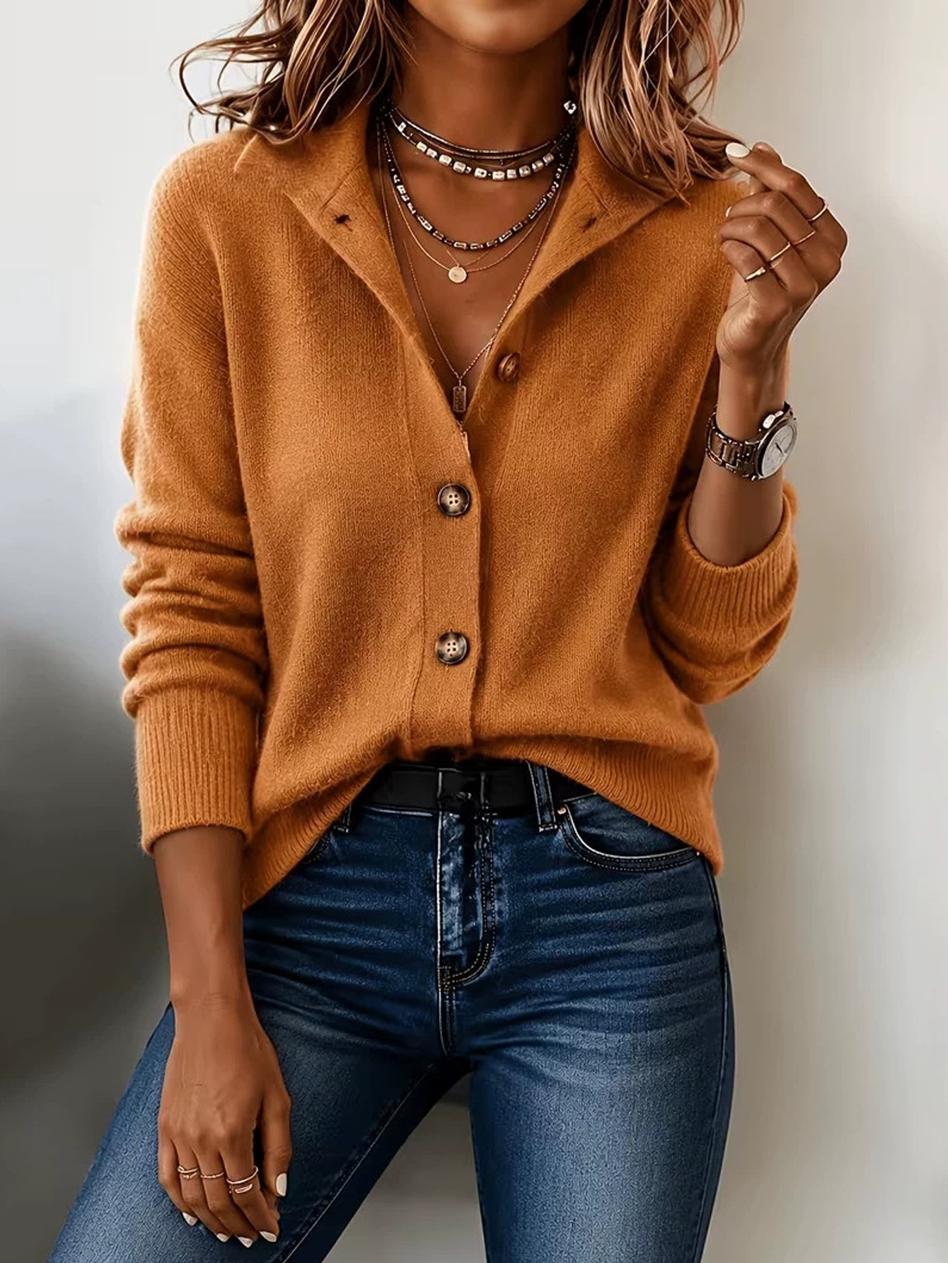 Women's Vintage Solid Stand Collar Cardigan Loose Casual Jacket