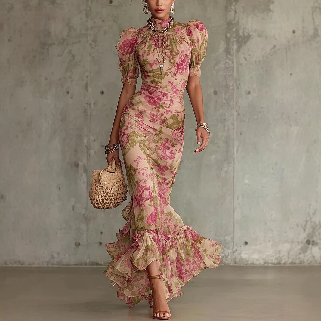 Sexy Mesh Print Mermaid Dress Off-Shoulder Short Sleeve