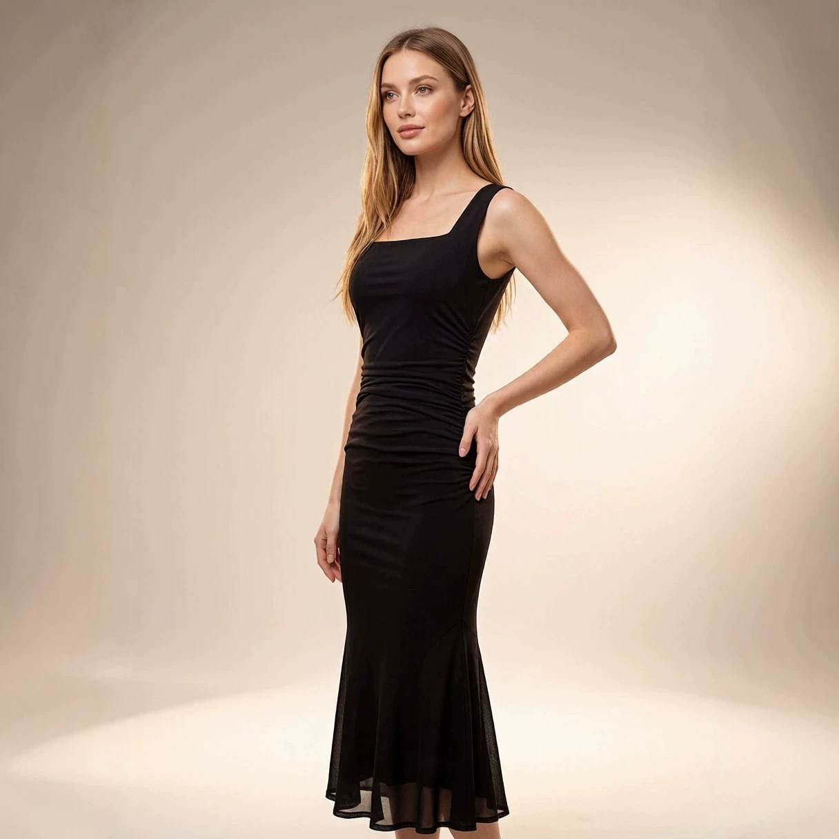 Black Sleeveless Mermaid Evening Dress with Square Neck and Ruched Detail