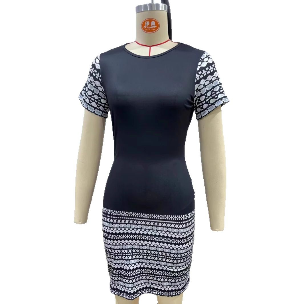 Women's Slim Fit Short Sleeve Printed Mini Dress with Round Neck