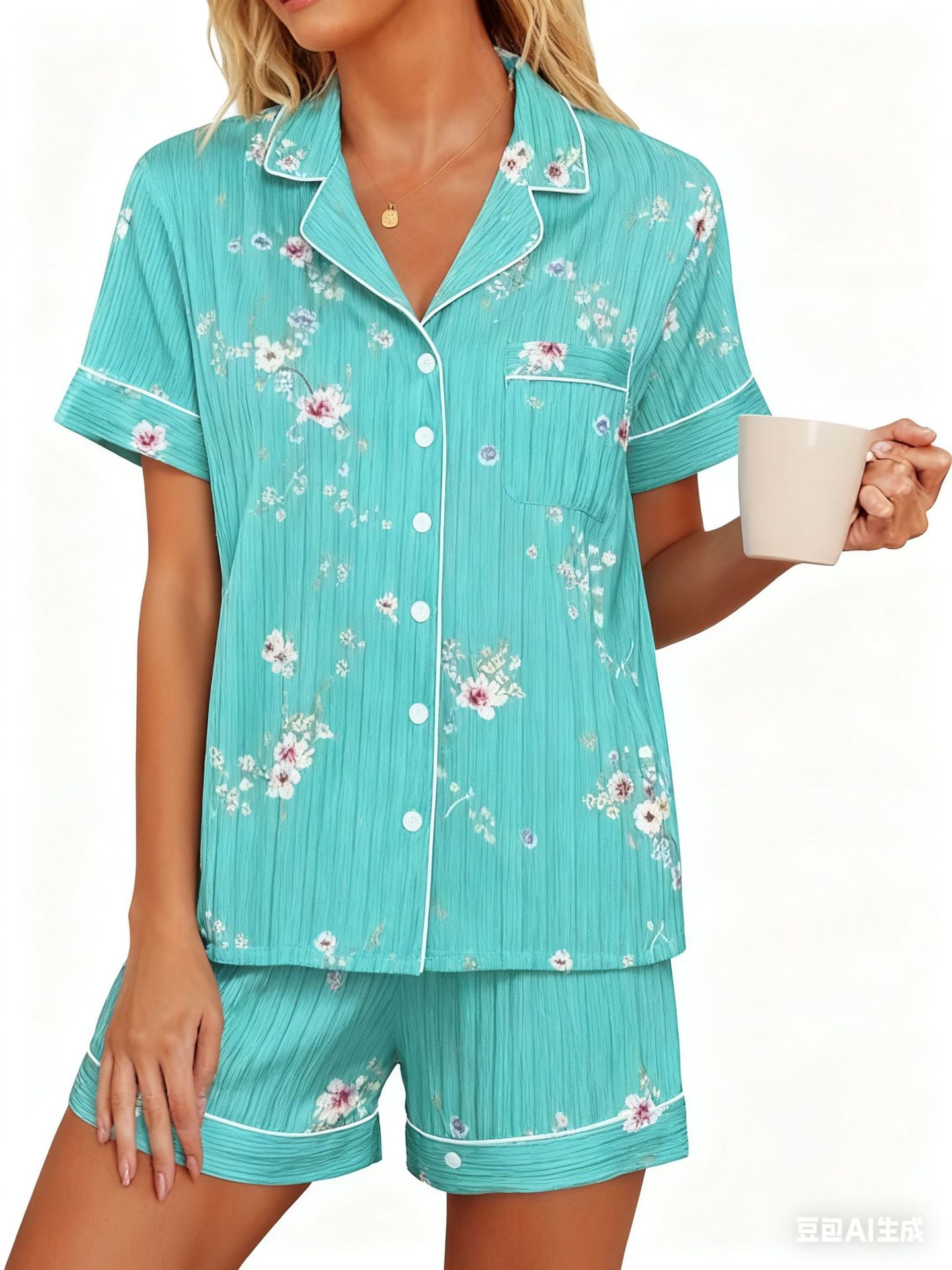Women's Cuban Collar Floral Print Short Sleeve Shirt Set