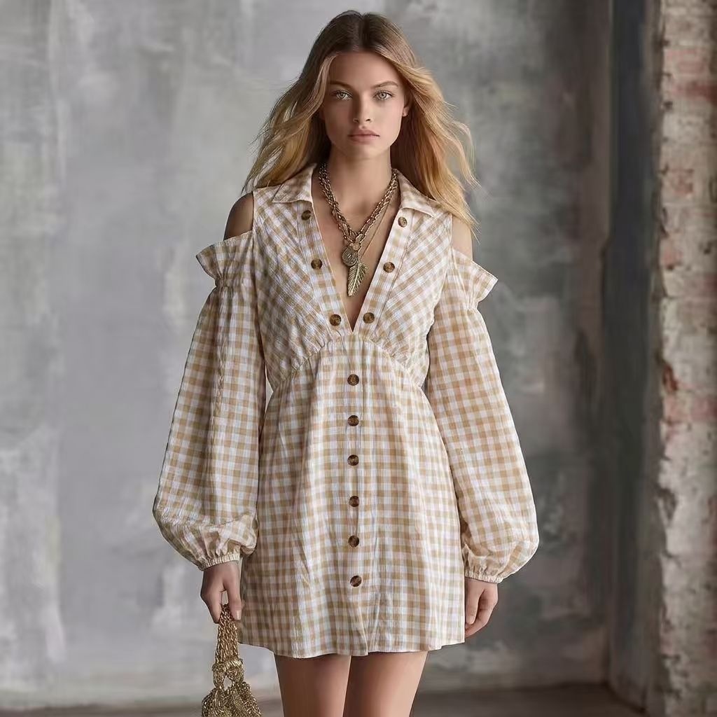 Women's Vintage Plaid Off-Shoulder Lantern Sleeve Midi Dress with Elastic Waist