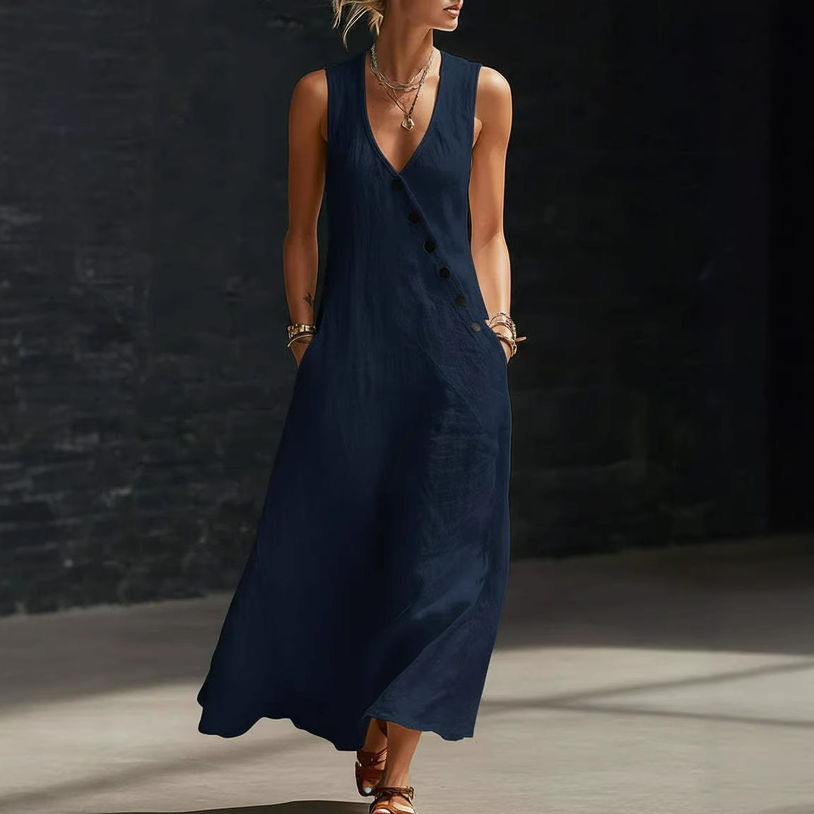 V-Neck Sleeveless Button-Front Midi Dress Cotton-Linen Vacation Casual