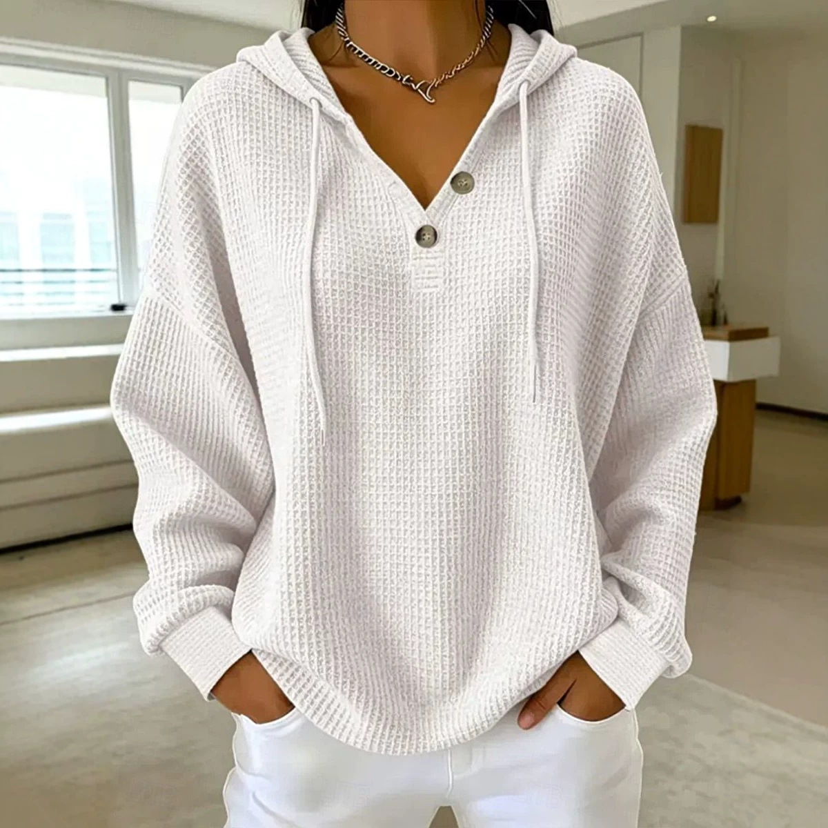 Women's Waffle Knit Drawstring Hoodie Oversized Pullover