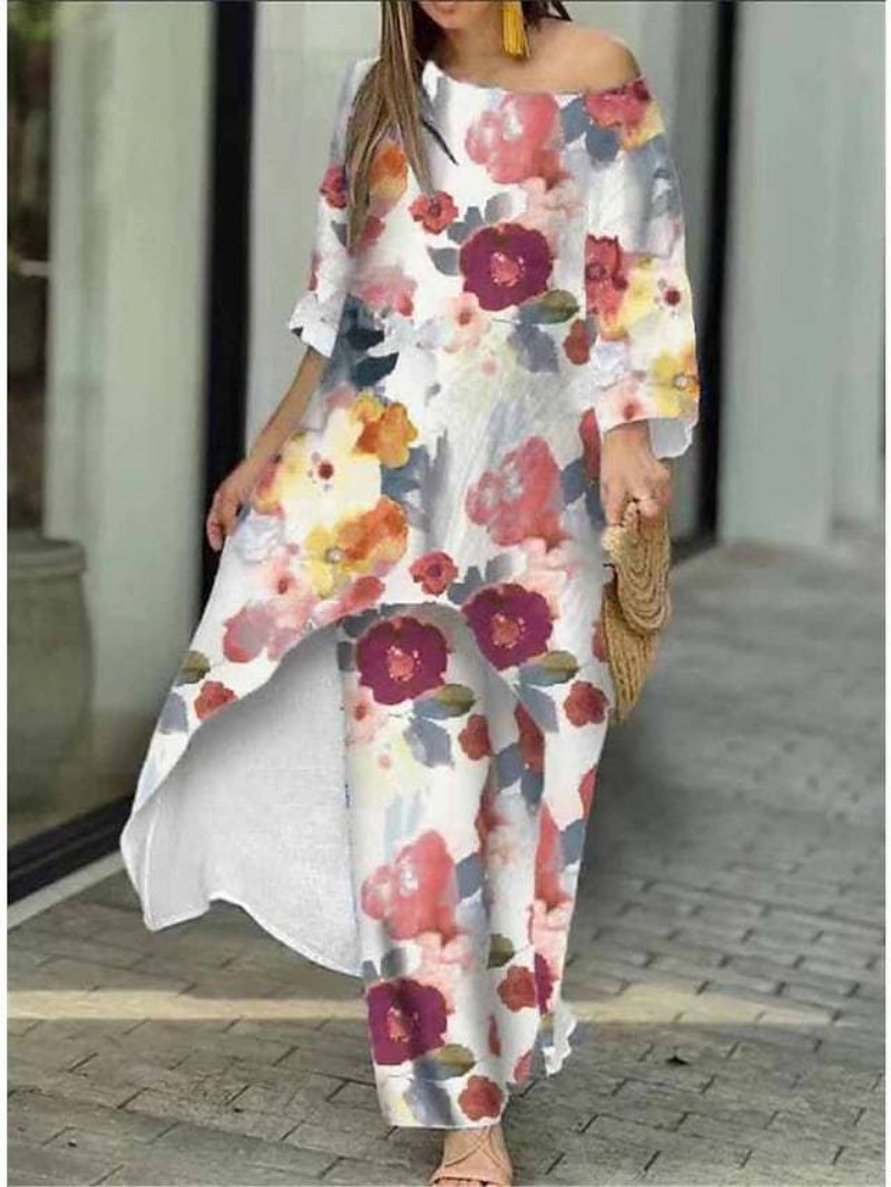 Women's Loose Plus Size Irregular Print Two-Piece Straight Pants Set