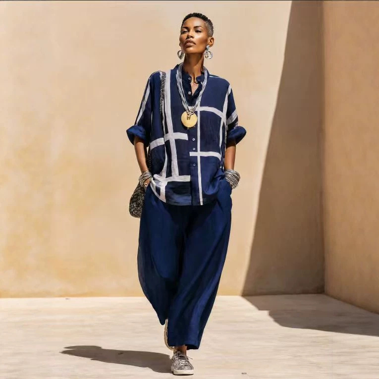Women's Casual Color-Block Polo Shirt & Pants Set