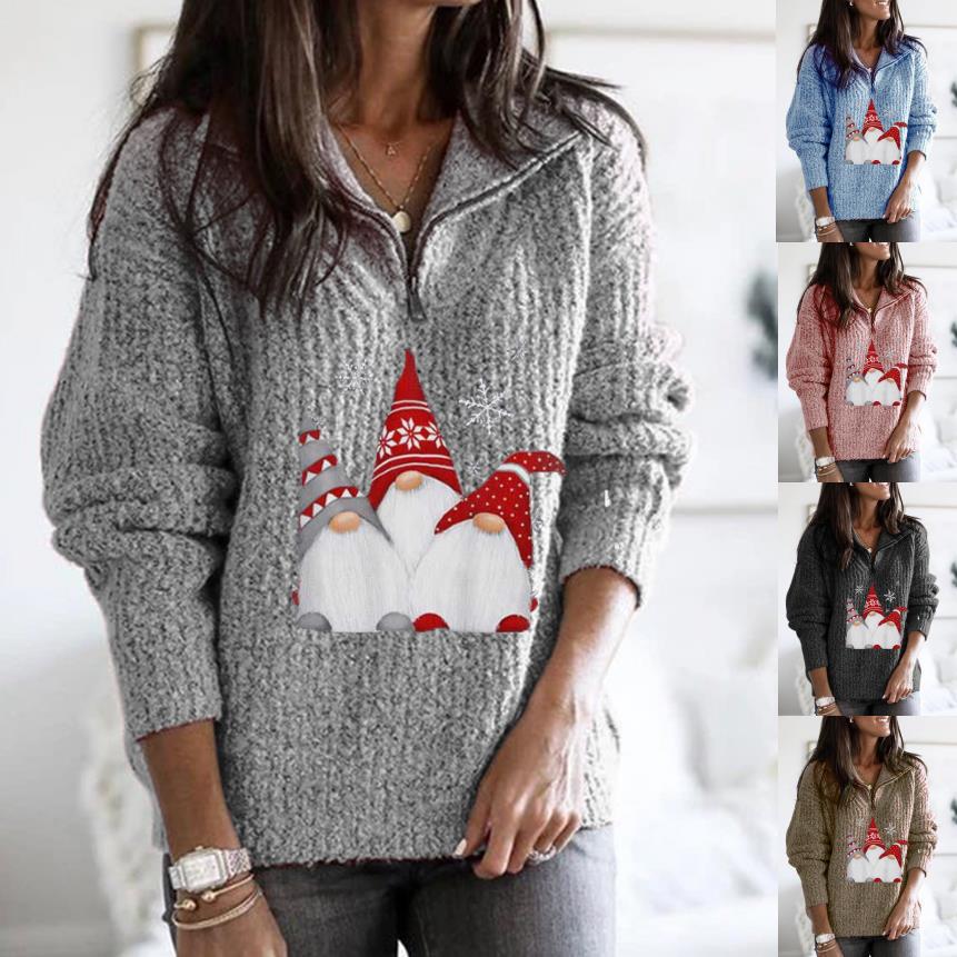 Christmas Santa Print Zip-Up Long-Sleeve Knit Sweater for Women