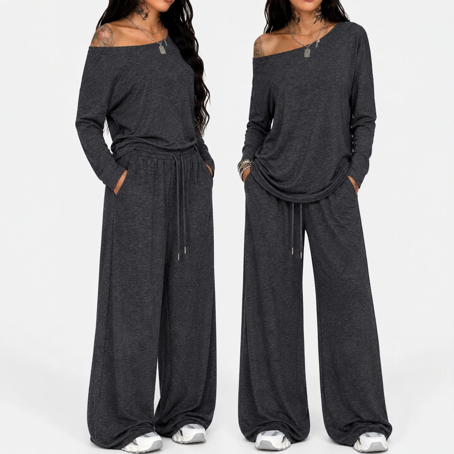 Women's Oblique Neck Wide Leg Pants Set Solid Color Casual Two Piece