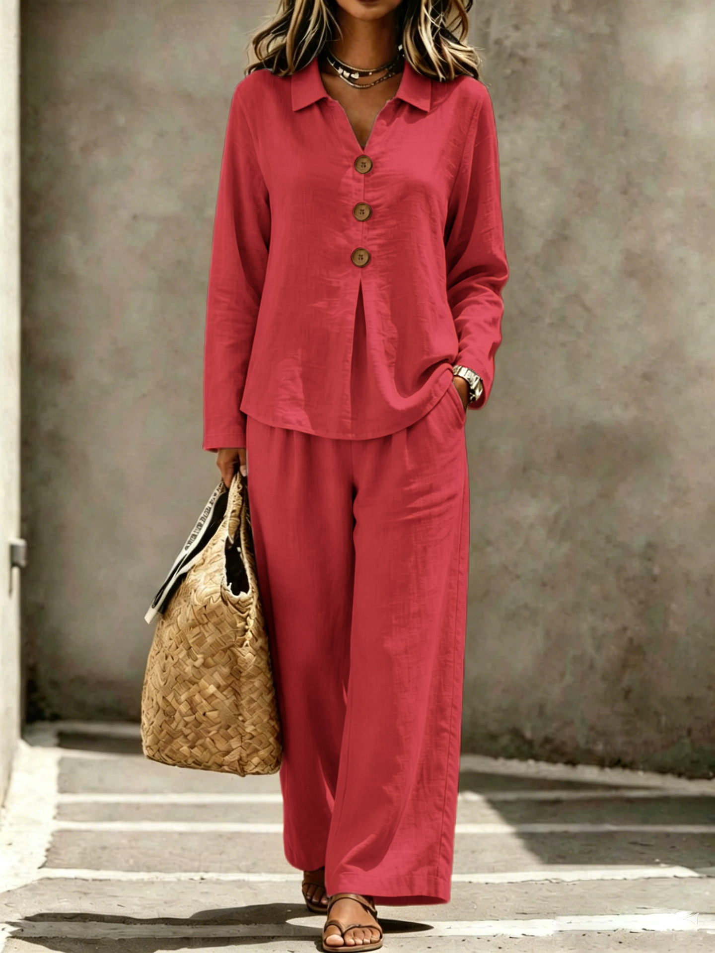Women's Casual Button Polo Neck Long Sleeve Two-Piece Pants Set