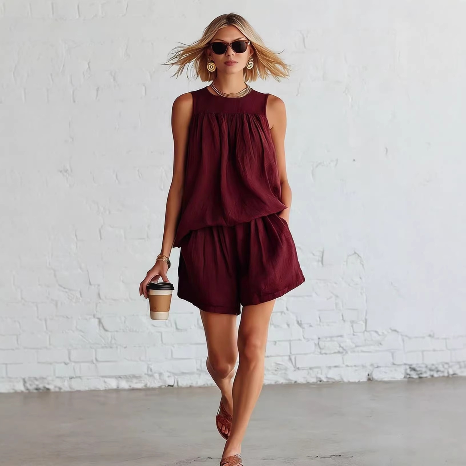 Women's Sleeveless Ruched Top and Wide-Leg Shorts Set