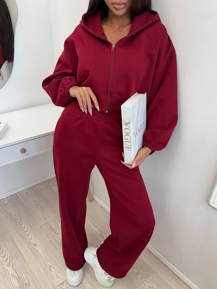 Women's Cotton Zip-Up Hoodie and Wide-Leg Pants Two-Piece Set