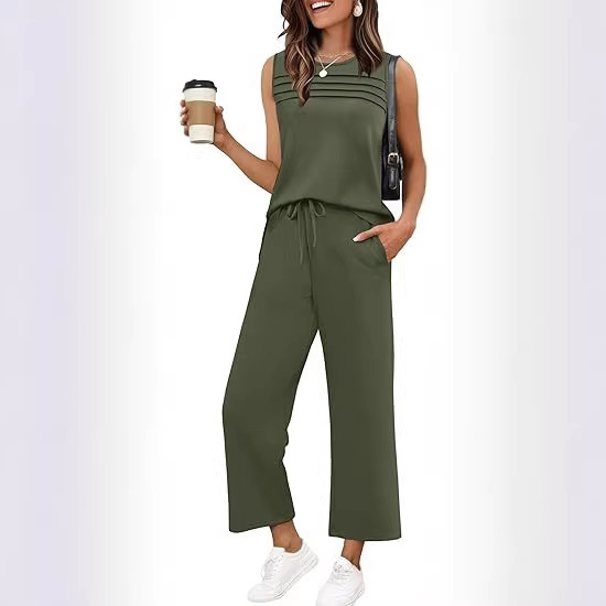 Women's Sleeveless Crewneck Top and Pants Two-Piece Set Casual Solid Color