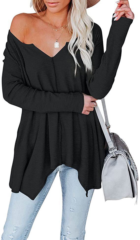 Women's Solid Color V-Neck Pullover Knit Top Long Sleeve Loose Fit