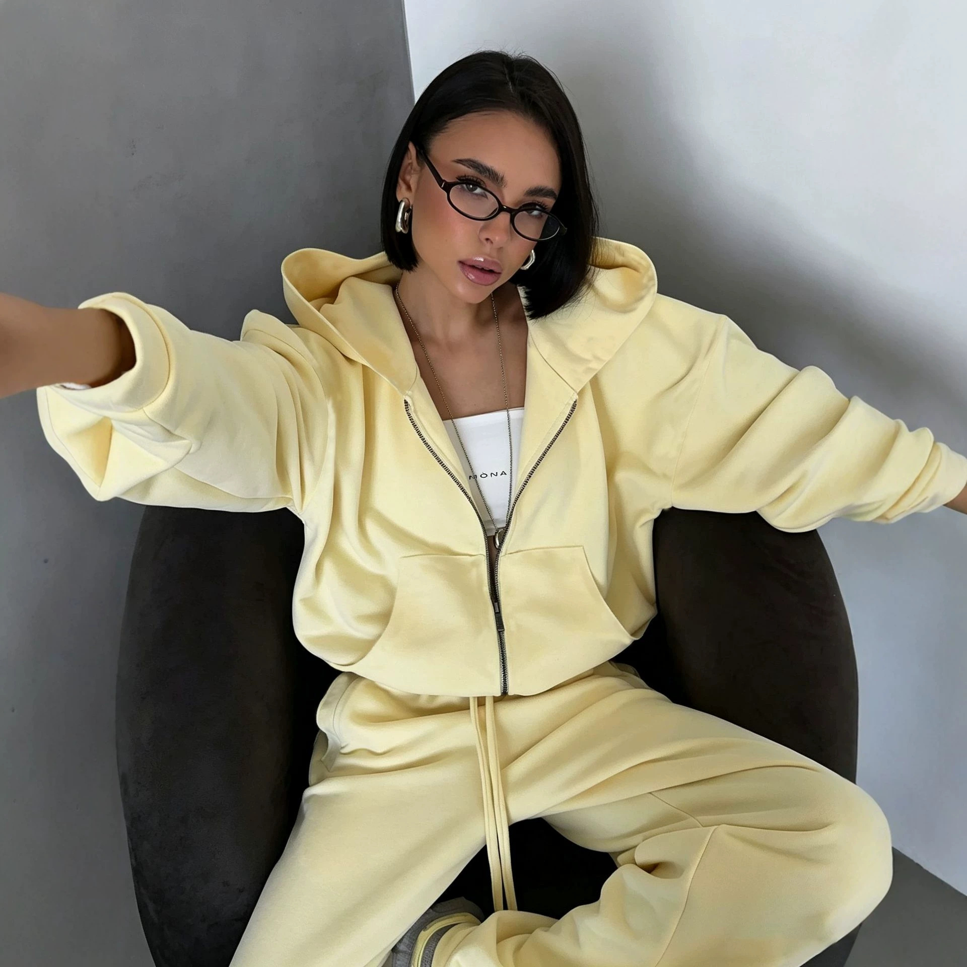 Women's Zip-Up Hooded Cardigan and Drawstring Pants Two-Piece Casual Set