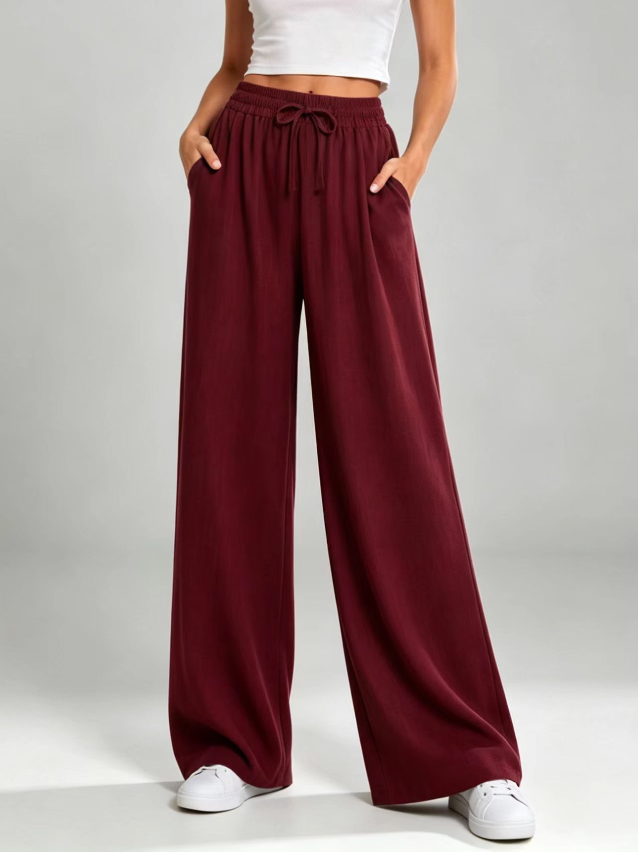 Drawstring High-Waist Straight-Leg Wide-Leg Pants for Women Solid Color