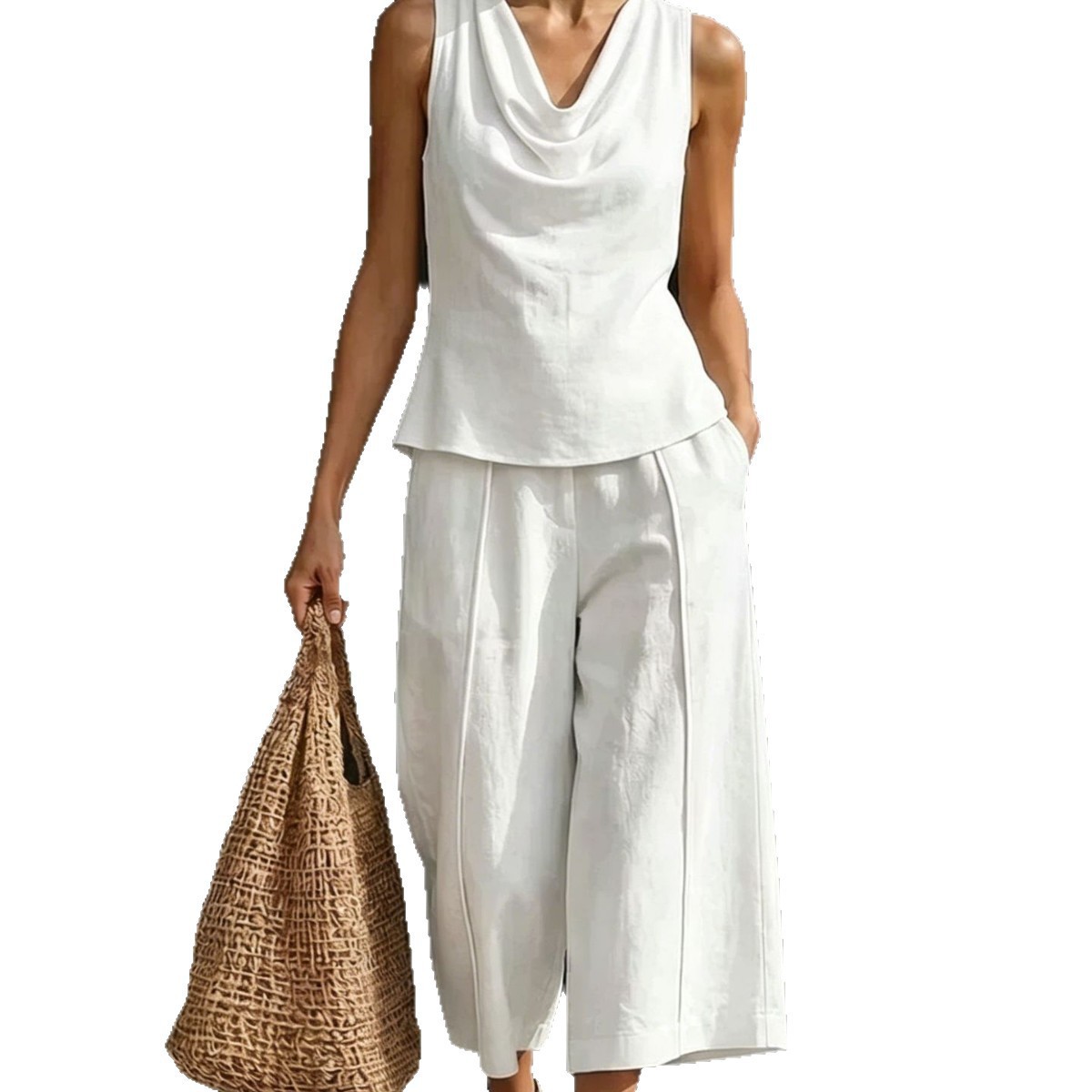 Women's Draped Cowl Neck Sleeveless Top & Cropped Wide-Leg Pants Set