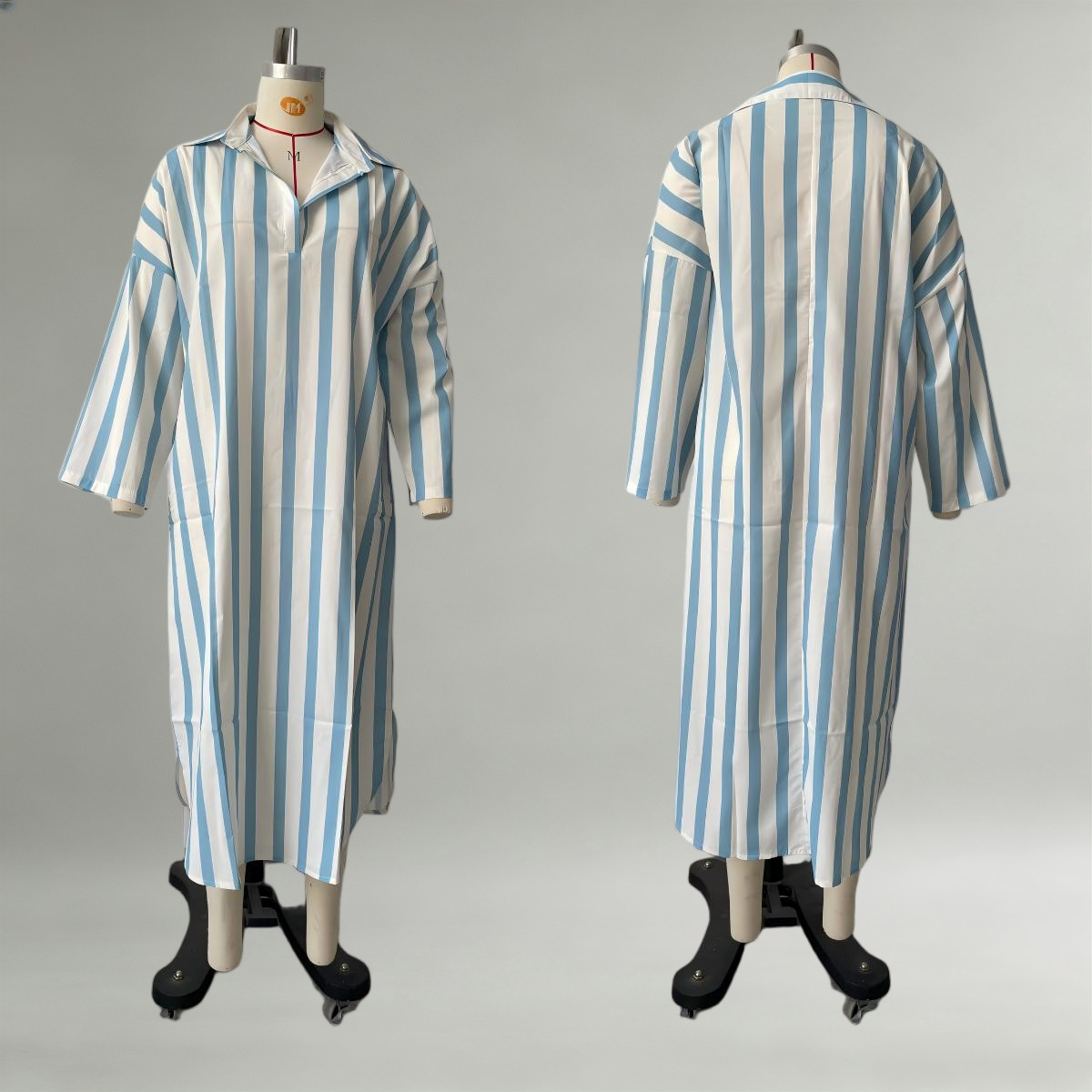 Women's Loose V-Neck Striped Long Shirt Dress with 3/4 Sleeves