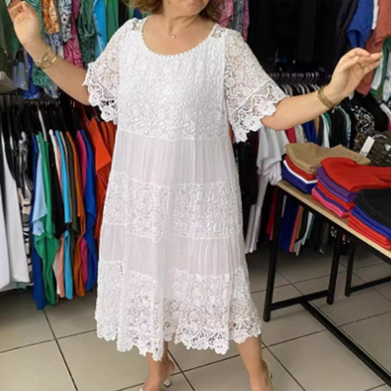 Elegant Solid Crewneck Short Sleeve Lace Trim Dress