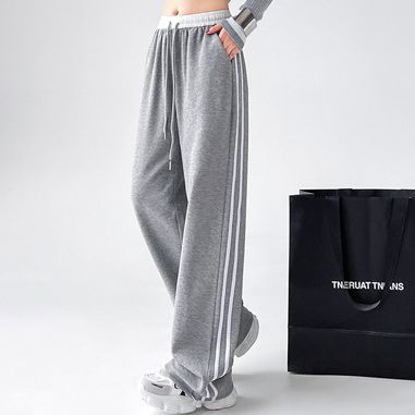 Striped Wide-Leg High-Waist Sweatpants for Women, Loose Straight Korean Style