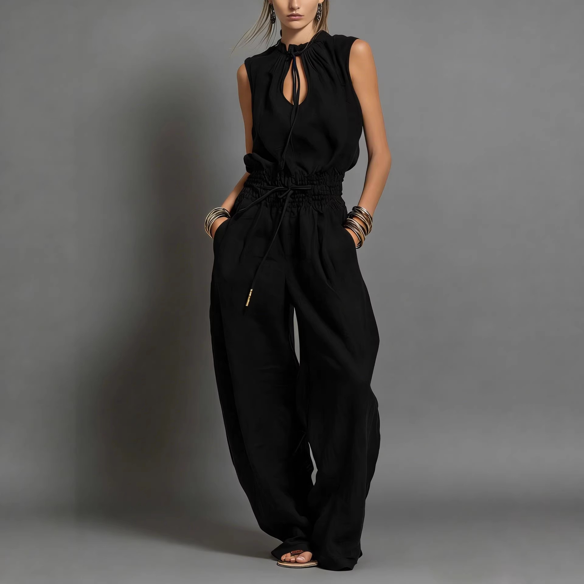 Women's Sleeveless Wide-Leg Jumpsuit with Cinched Waist Streetwear