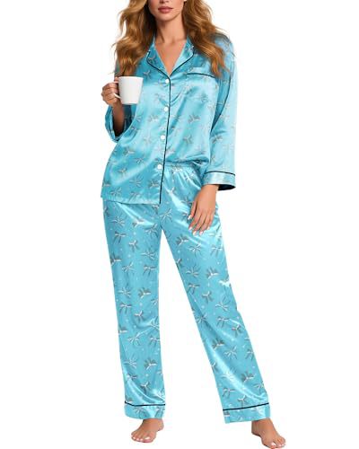 Women's Cuban Collar Christmas Santa Butterfly Print Long Sleeve Shirt Set