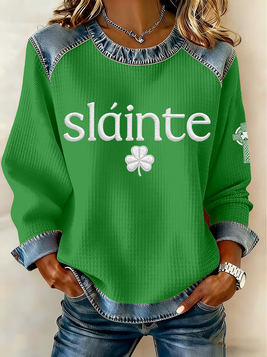 Women's Clover Print Waffle Knit Crewneck Sweatshirt