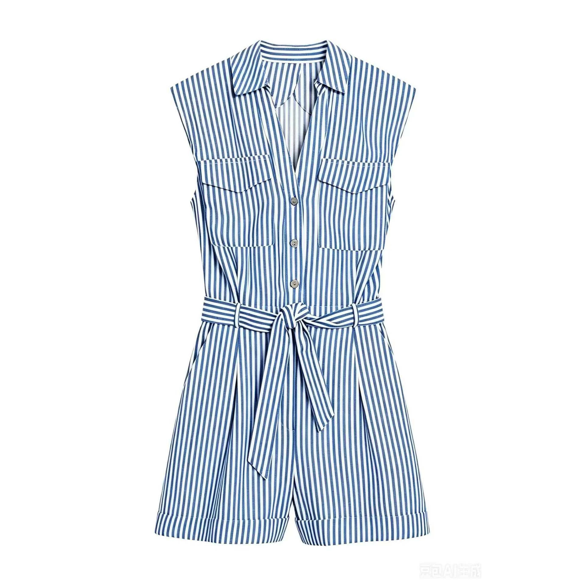 Women's Summer Retro Vertical Striped Sleeveless Romper Shorts