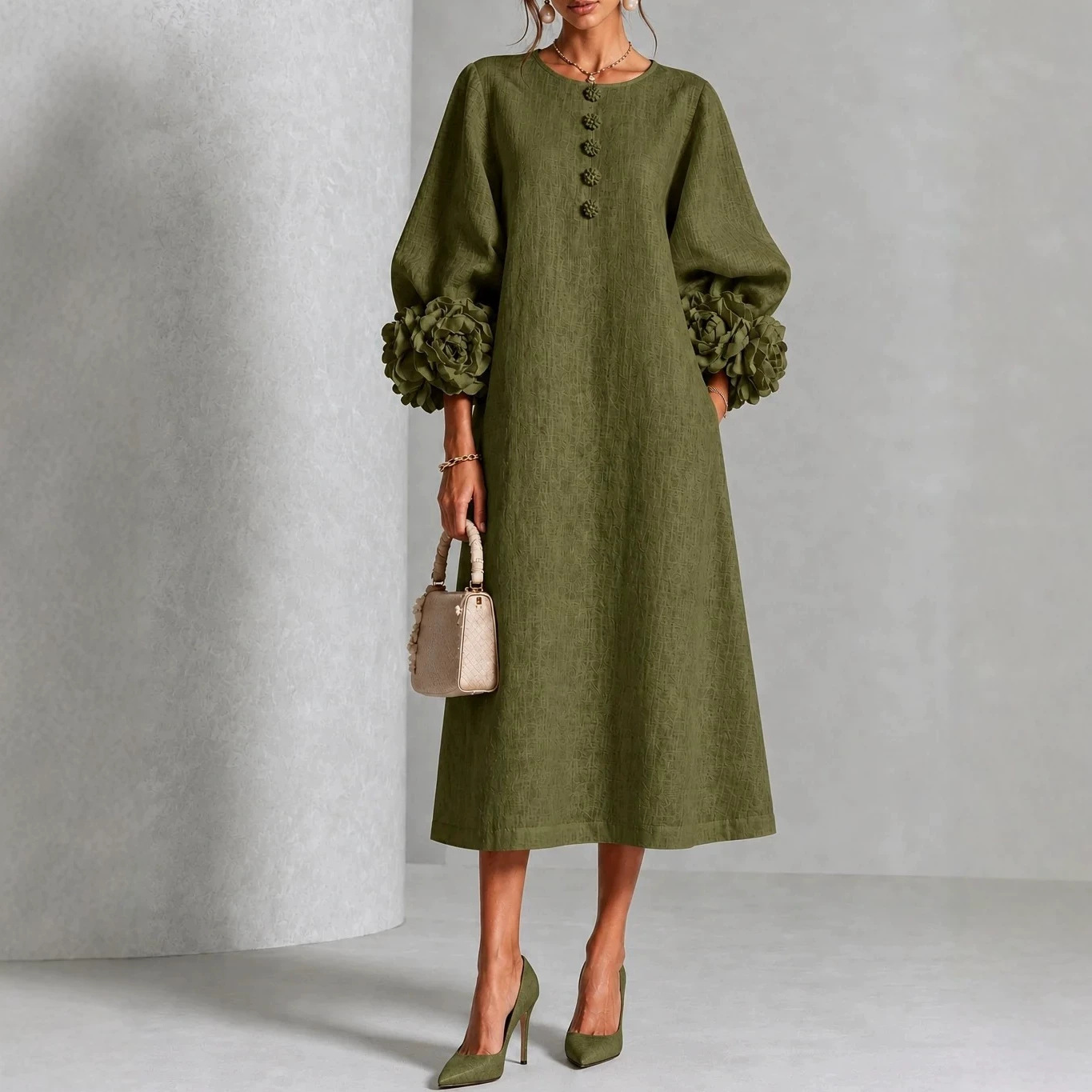 Women's Loose Round Neck Lantern Sleeve Floral Midi Dress